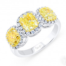 Uneek Cushion Fancy Yellow Diamond Three-Stone Three-Halo Ring - LVRLG4661