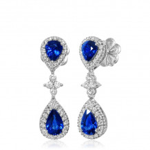 Uneek Royalty-Inspired Blue Sapphire Double Teardrop Dangle Earrings with Pave Diamond Halos and Flower-Shaped Diamond Cluster Accents - LVEMT1895S