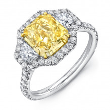 Uneek Radiant-Cut Yellow Diamond Center Three-Stone Engagement Ring with Pave Halo - LVS981RADFY