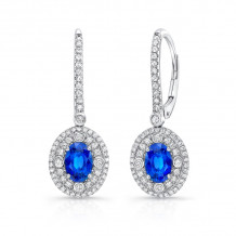 Uneek Oval Blue Sapphire Earrings with Diamond Double Halos and Accent Bezels - LVEDN2017S