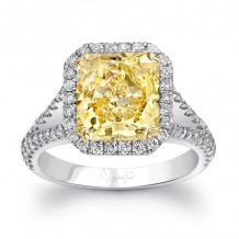 Uneek Radiant-Cut Fancy Yellow Diamond Halo Ring with Peekaboo Split Upper Shank and Filigree Detail - LVS831