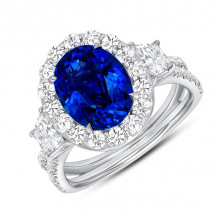 Uneek Oval Blue Sapphire Ring with Round Diamond Halo and Trapezoid Diamond Sidestones - LVS1009OVBS