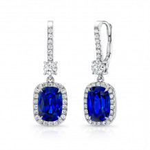 Uneek Cushion-Cut Blue Sapphire Dangle Earrings with Pave Diamond Halos - LVE931CUBS