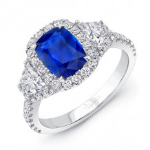 Uneek Cushion Sapphire-Centered Three-Stone Engagement Ring with Trapezoid Diamond Sidestones - LVS989CU