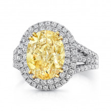 Uneek 4-Carat Oval Fancy Yellow Diamond Ring with Double Halo and Triple Shank - SM816