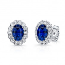 Uneek Oval Blue Sapphire Stud Earrings with Scallop-Style Diamond Halo with Milgrain Edging - E246OVBS