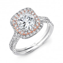 Uneek Round Diamond Engagement Ring with Two-Tone Double Cushion Halo and Pave Gold Double Shank - LVS995CUWR-6.5RD