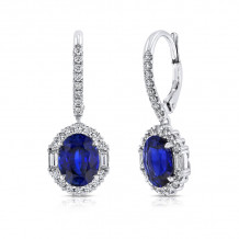 Uneek Oval Blue Sapphire Dangle Earrings with Round and Baguette Diamond Halos - LVE695OVBS