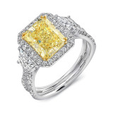 Uneek Three-Stone Engagement Ring with Radiant-Cut Fancy Yellow Diamond Center on Halo and Pave Double Shank - LVS983RADFY photo