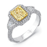 Uneek Estate-Inspired Three-Stone Ring with Radiant-Cut Fancy Yellow Diamond Center and Shield-Cut Diamond Sidestones - LVS555 photo