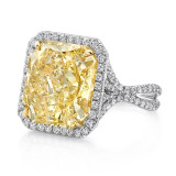 Uneek 12-Carat Radiant-Cut Fancy Yellow Diamond Halo Engagement Ring with Pave Silhouette Double Shank - LVS948 photo