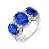 Uneek Oval Sapphire Three-Stone Three-Halo Engagement Ring - LVS990OV photo