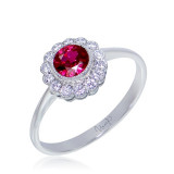 Uneek Bezel-Set Round Ruby Ring with Scalloped Diamond Halo and Vintage-Style Milgrain - LVRMT0193R photo